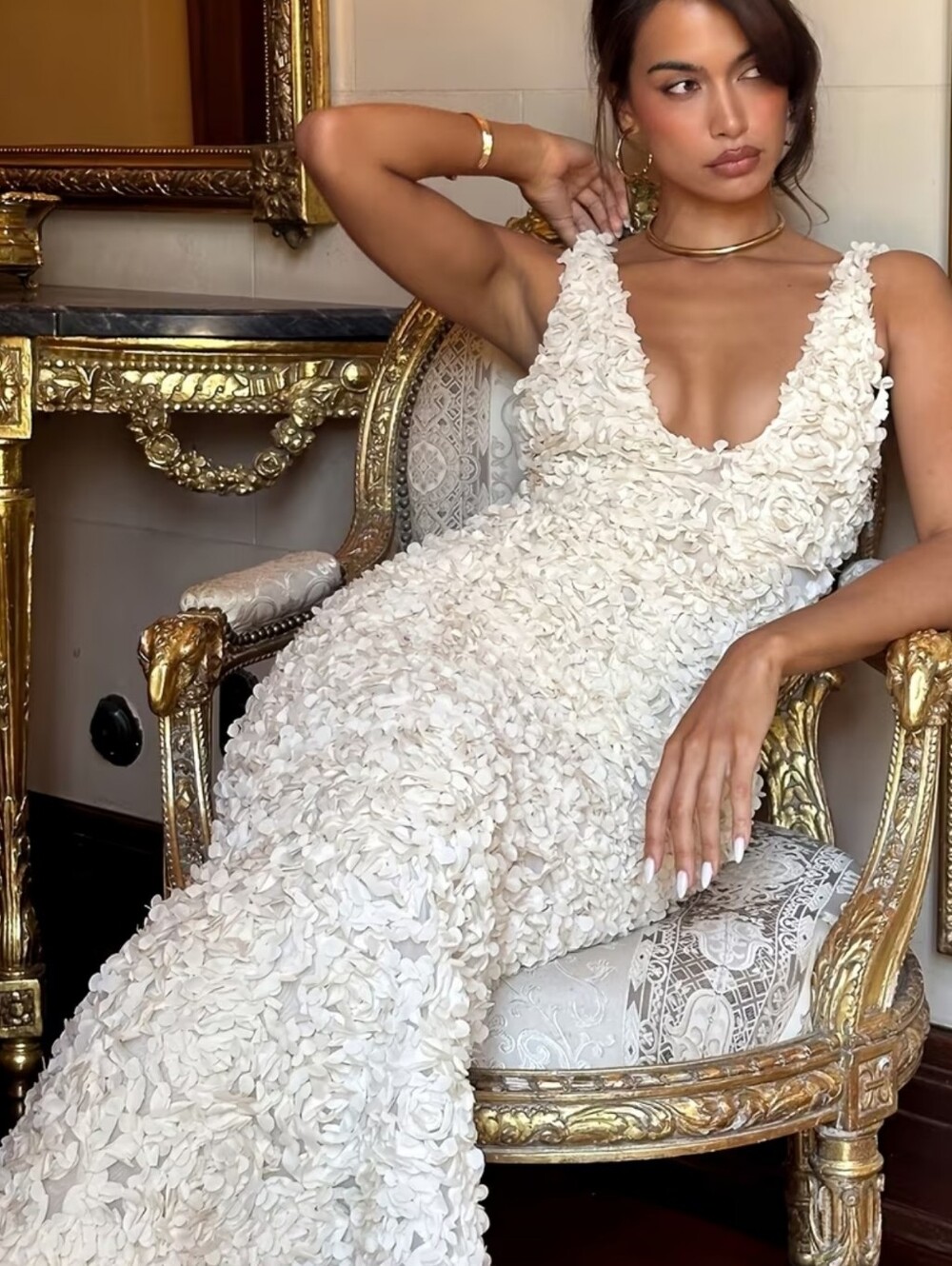 Long Rose Floral Jacquard Slim Fit Dress,White Graduation Dress